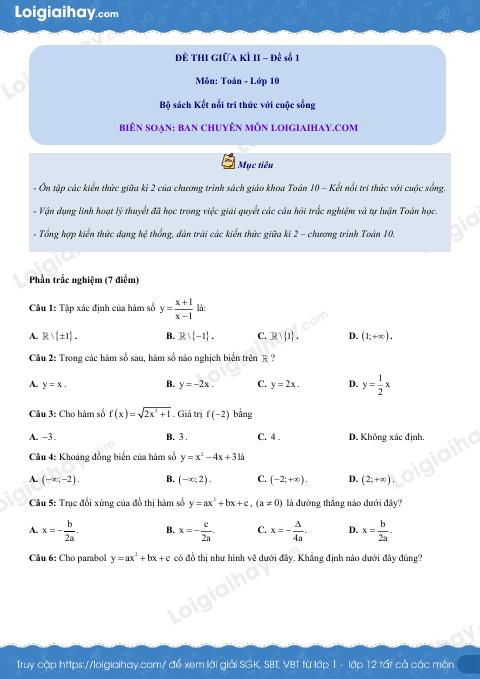 Đề thi giữa kì 2 Toán 10 Kết nối tri thức - Đề số 1